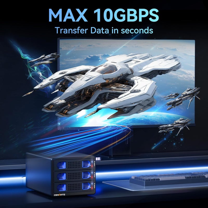 cenmate 3 Bay 10Gbps Hard Drive Enclosure with Cooling Fan for 2.5“/3.5" SATA HDD/SSD with USB A/C 3.2 Gen 2, Support Hot Swappable, Daisy Chain Expansion, Tool-Free, DAS(NO RAID/NAS) - Image 2